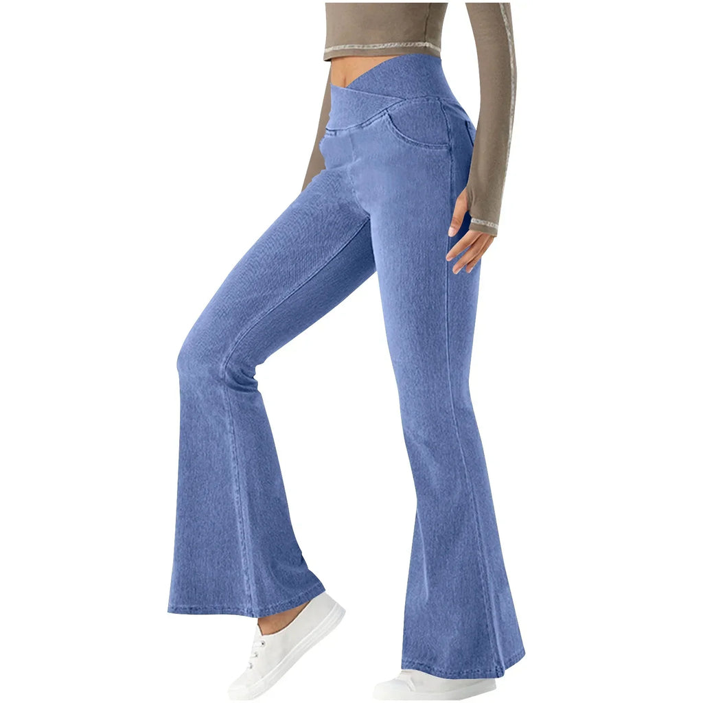 Women's High-Waisted Stretch Flared Jeans – Sculpted Full-Length Denim Style with Functional Pockets for Casual Days Travel and Everyday Wear