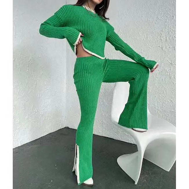 Women's Cropped Ribbed Knit Jumper and Flared Trousers Set