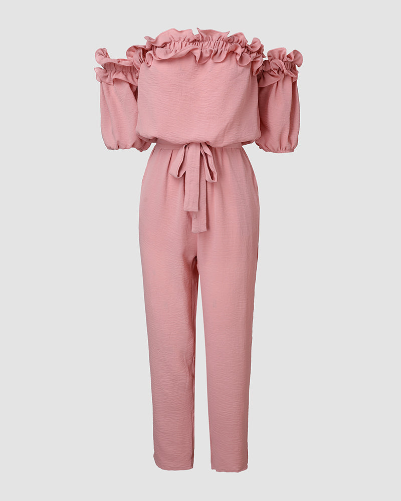 Off-Shoulder Frill Trim Short Sleeve Tie Waist Casual Jumpsuit | Meave & Ivy