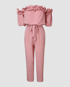 Off-Shoulder Frill Trim Short Sleeve Tie Waist Casual Jumpsuit | Meave & Ivy