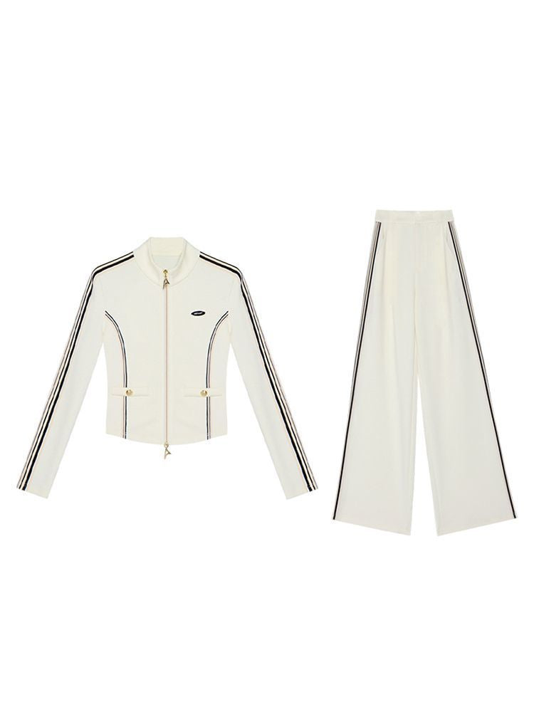 Women's Zip-Up Stand-Collar Jacket and Wide-Leg Trousers Set