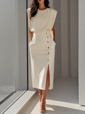Sleeveless Button-Detail Bodycon Midi Dress