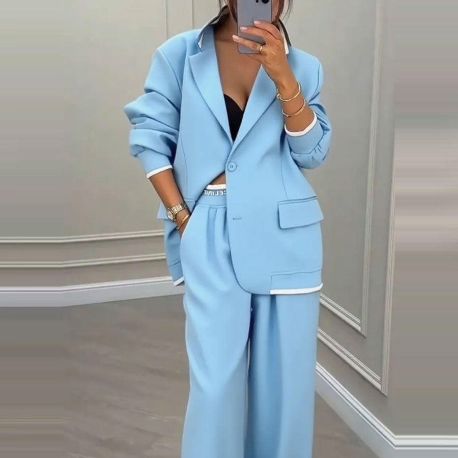Women's Elegant Tailored Blazer and Wide Leg Trouser Suit