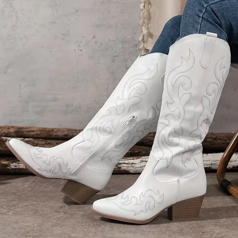 Knee High Embroidered Cowboy Boots with Pointed Toe