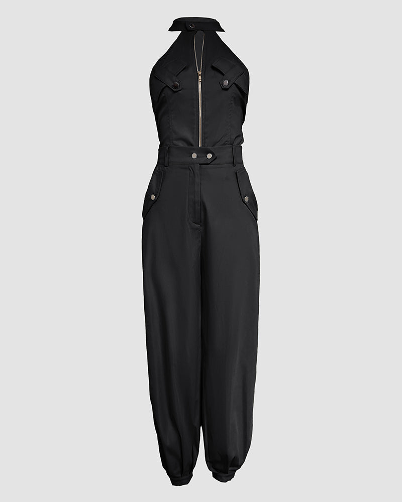 Two-Piece Sleeveless High Neck Cargo Top and Cuffed Trousers Set | Meave & Ivy