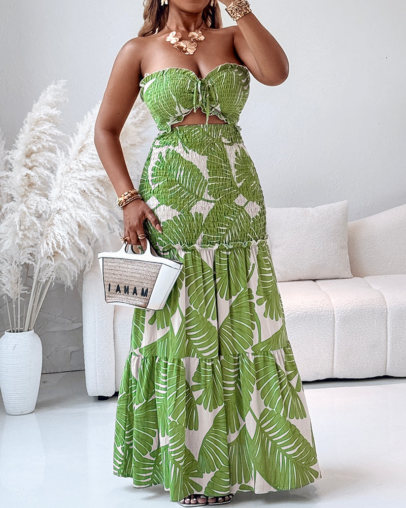 Tropical Print Halter Tie Cinched Waist Mermaid Vacation Maxi Dress | Meave & Ivy