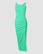 Sleeveless Ruched Bodycon Drawstring Side Slit Maxi Dress | Meave & Ivy