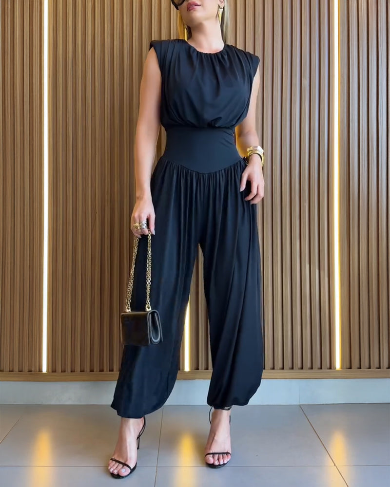 Padded Shoulders Sleeveless Cinched Waist Side High Slit Jumpsuit | Meave & Ivy