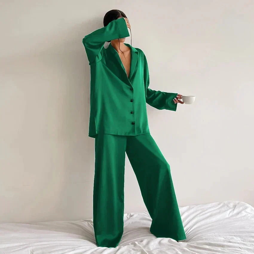 Women's Relaxed Pyjama Co-Ord Set – Button-Up Long-Sleeve Shirt