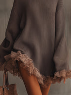 Women's Chunky Knit Turtleneck Mini Dress with Romantic Lace Ruffle Hem