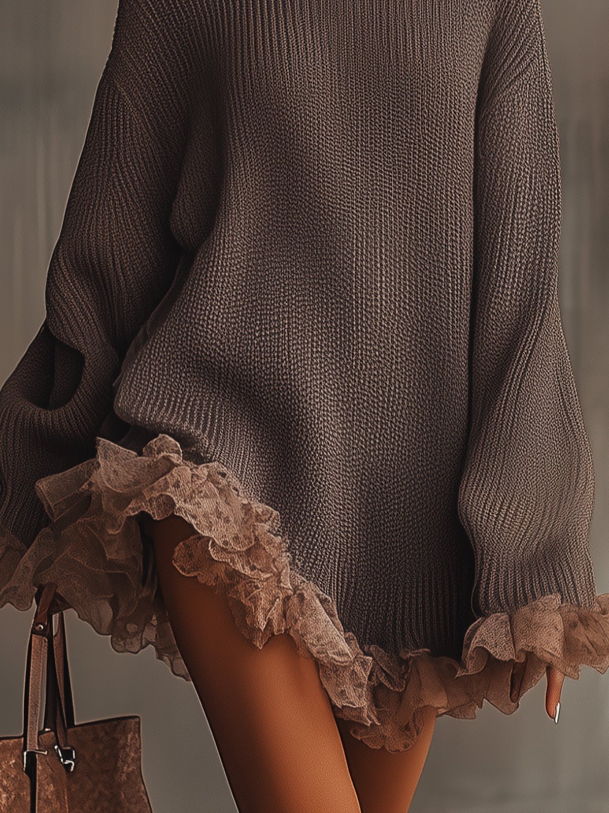 Women's Chunky Knit Turtleneck Mini Dress with Romantic Lace Ruffle Hem