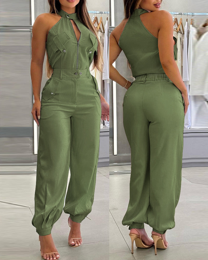 Two-Piece Sleeveless High Neck Cargo Top and Cuffed Trousers Set | Meave & Ivy