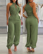 Two-Piece Sleeveless High Neck Cargo Top and Cuffed Trousers Set | Meave & Ivy