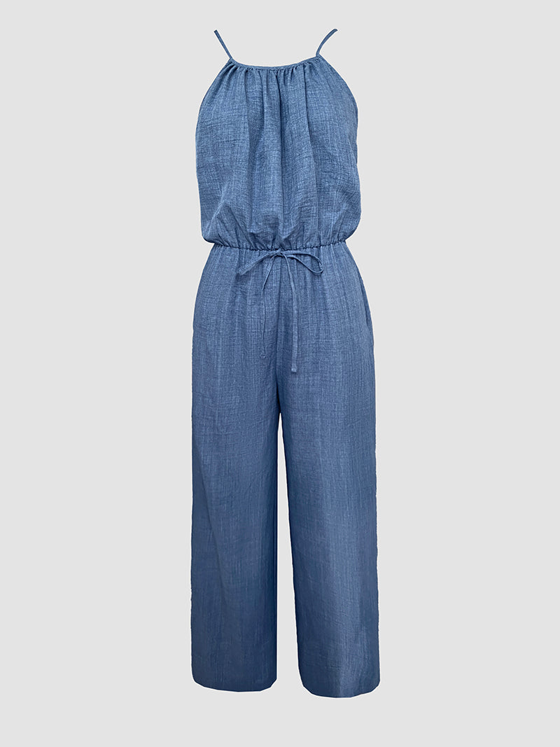 Spaghetti Strap Drawstring Tied Waist Casual Jumpsuit | Meave & Ivy