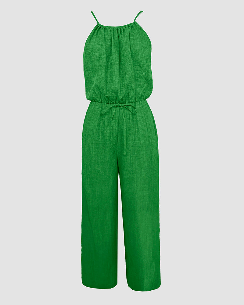 Spaghetti Strap Drawstring Tied Waist Casual Jumpsuit | Meave & Ivy
