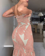 Tropical Print Halter Tie Cinched Waist Mermaid Vacation Maxi Dress | Meave & Ivy