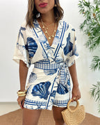Starfish and Seashell Print V-Neck Half Sleeve Wrap Knot Romper | Meave & Ivy