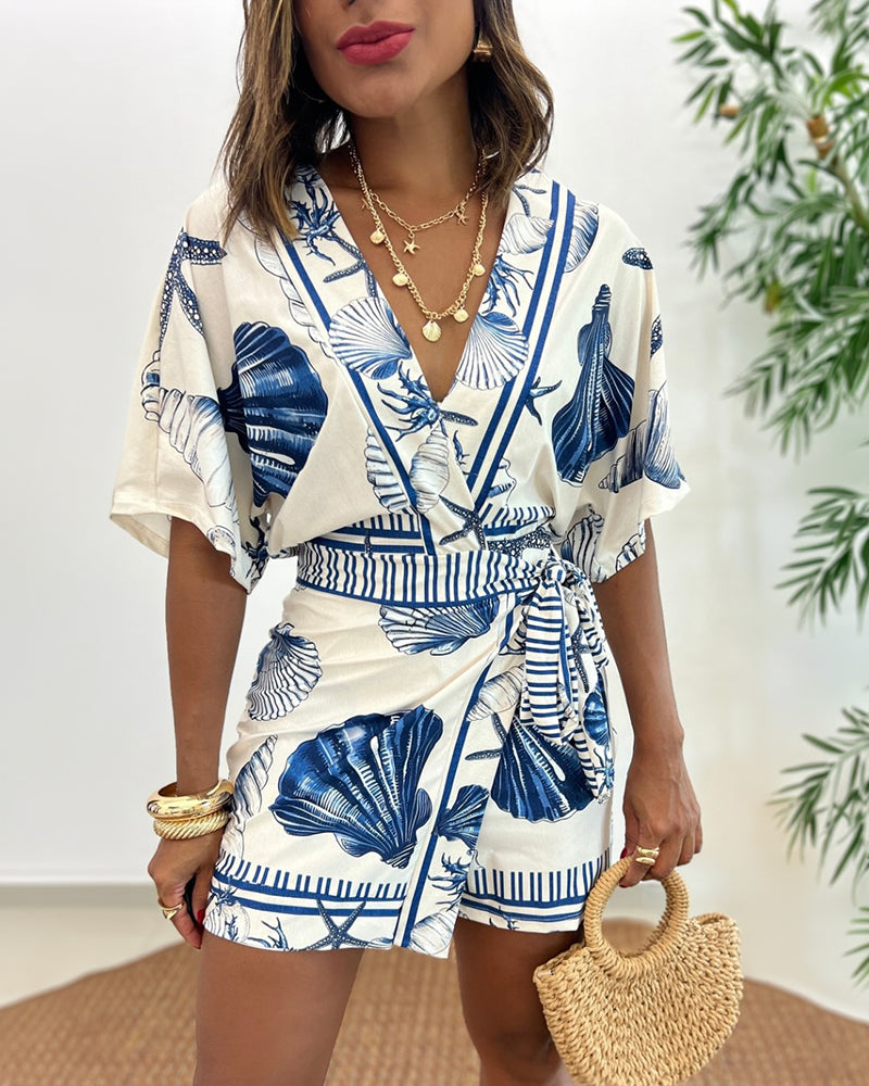 Starfish and Seashell Print V-Neck Half Sleeve Wrap Knot Romper | Meave & Ivy