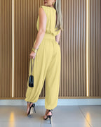 Padded Shoulders Sleeveless Cinched Waist Side High Slit Jumpsuit | Meave & Ivy