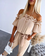 Off-Shoulder Frill Trim Short Sleeve Tie Waist Casual Jumpsuit | Meave & Ivy