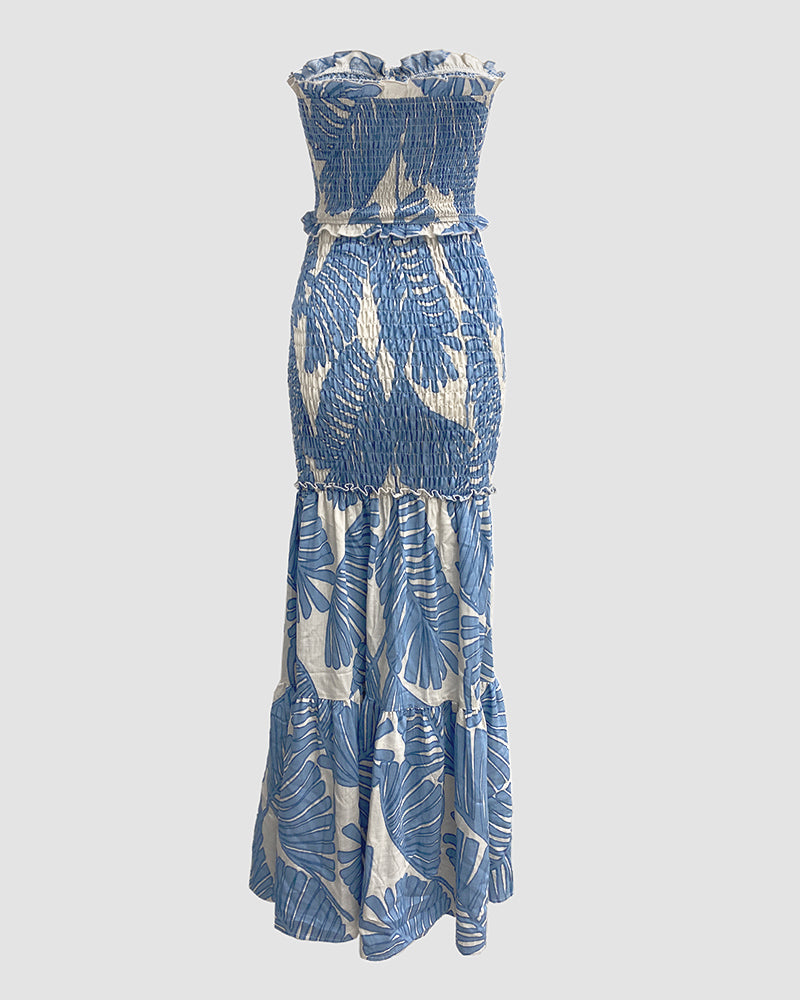 Tropical Print Halter Tie Cinched Waist Mermaid Vacation Maxi Dress | Meave & Ivy