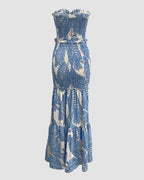 Tropical Print Halter Tie Cinched Waist Mermaid Vacation Maxi Dress | Meave & Ivy