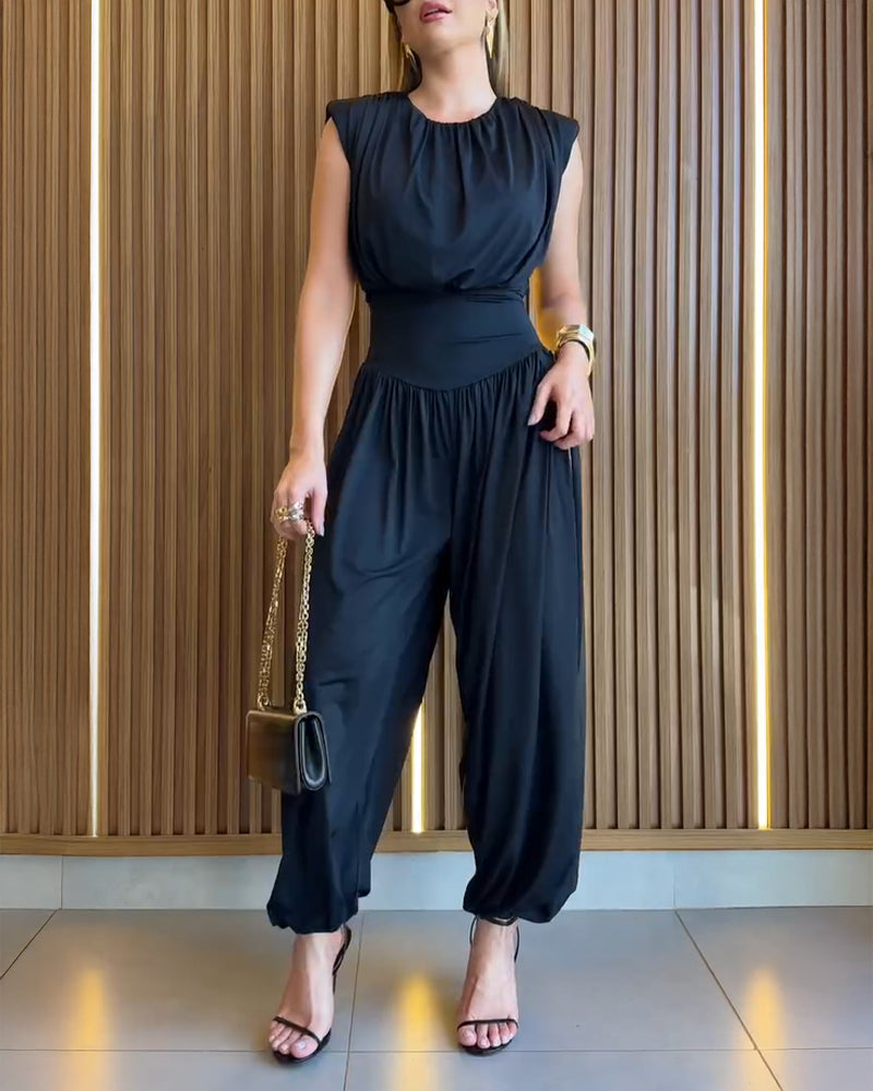 Padded Shoulders Sleeveless Cinched Waist Side High Slit Jumpsuit | Meave & Ivy