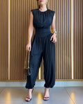Padded Shoulders Sleeveless Cinched Waist Side High Slit Jumpsuit | Meave & Ivy