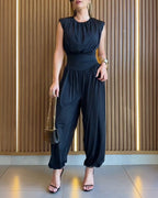 Padded Shoulders Sleeveless Cinched Waist Side High Slit Jumpsuit | Meave & Ivy