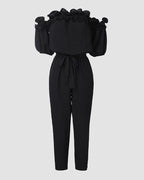 Off-Shoulder Frill Trim Short Sleeve Tie Waist Casual Jumpsuit | Meave & Ivy