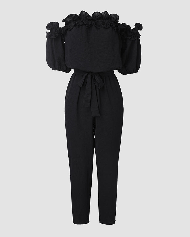 Off-Shoulder Frill Trim Short Sleeve Tie Waist Casual Jumpsuit | Meave & Ivy