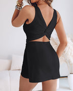 Square Neck Backless Zip Faux Two-Piece Skort Romper | Meave & Ivy