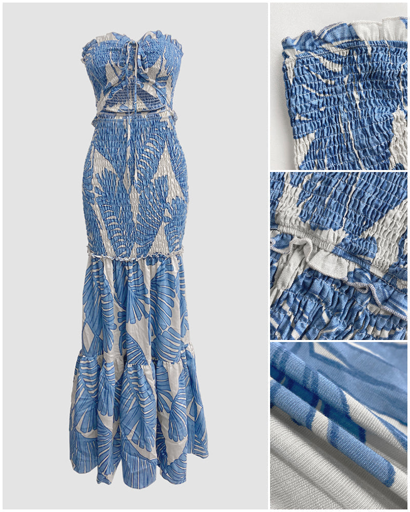 Tropical Print Halter Tie Cinched Waist Mermaid Vacation Maxi Dress | Meave & Ivy