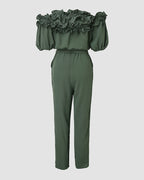 Off-Shoulder Frill Trim Short Sleeve Tie Waist Casual Jumpsuit | Meave & Ivy