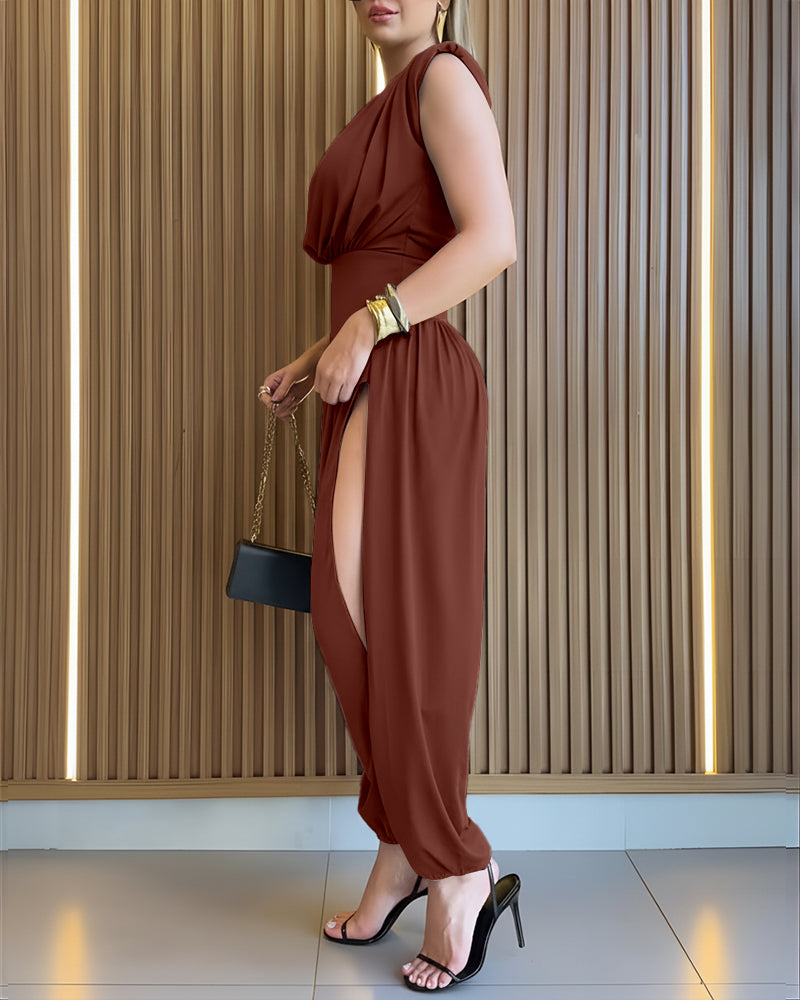 Padded Shoulders Sleeveless Cinched Waist Side High Slit Jumpsuit | Meave & Ivy