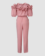 Off-Shoulder Frill Trim Short Sleeve Tie Waist Casual Jumpsuit | Meave & Ivy
