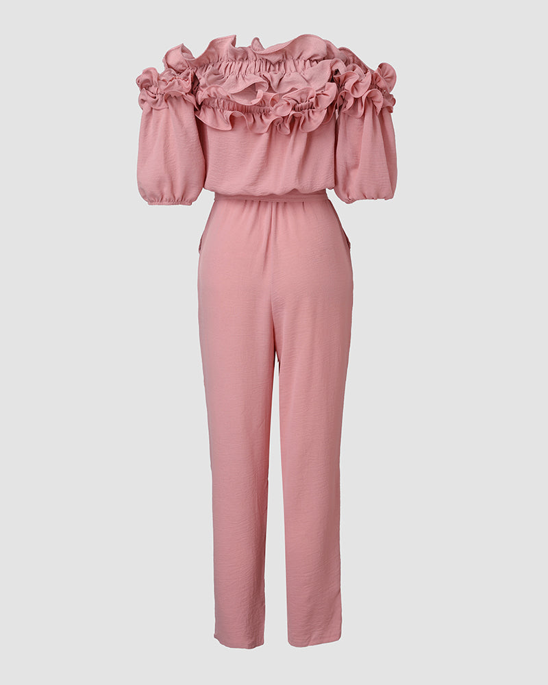 Off-Shoulder Frill Trim Short Sleeve Tie Waist Casual Jumpsuit | Meave & Ivy