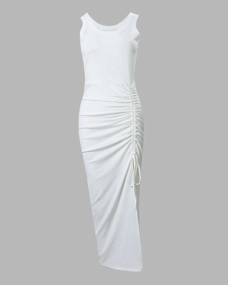 Sleeveless Ruched Bodycon Drawstring Side Slit Maxi Dress | Meave & Ivy