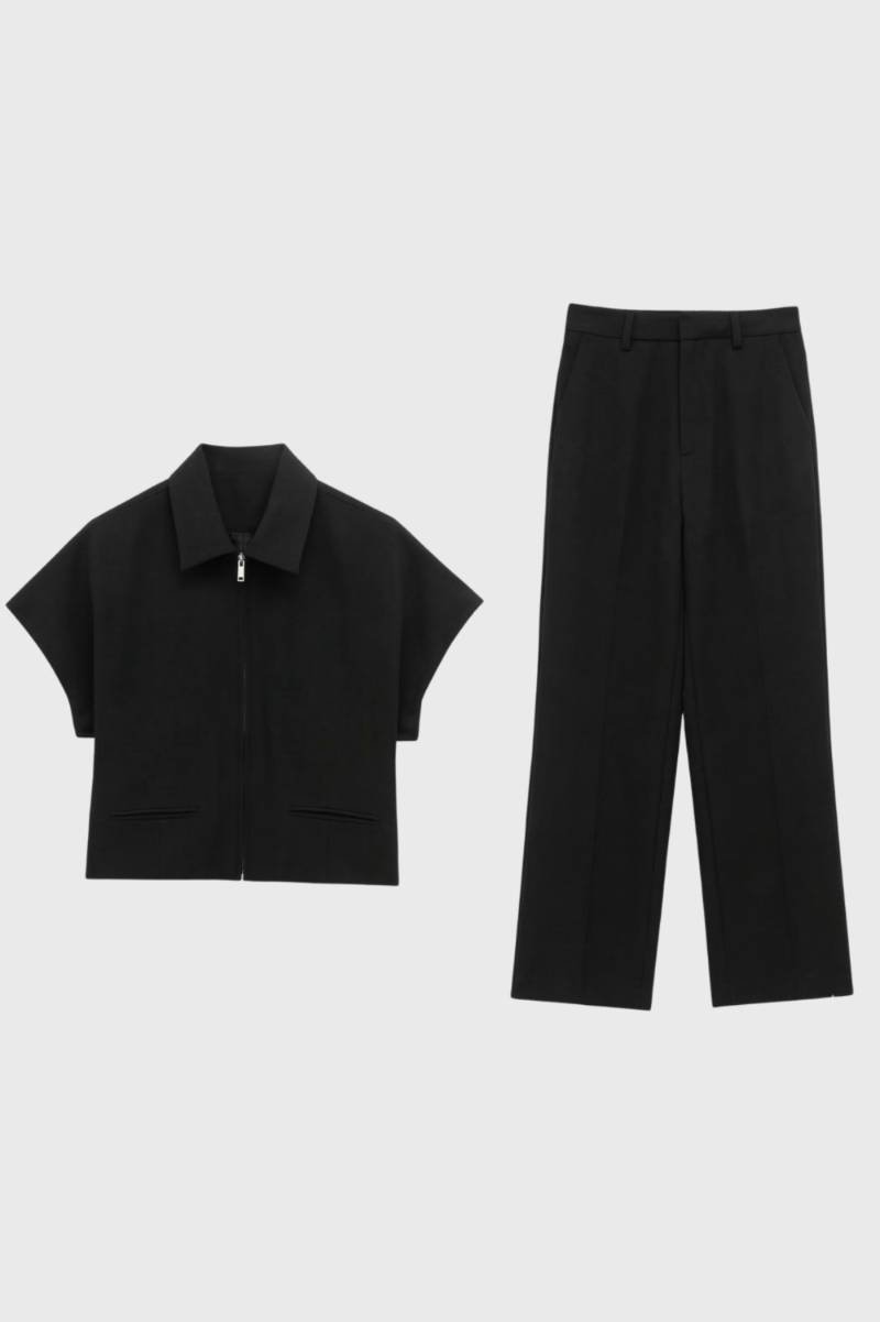 Cropped Zip Jacket & Wide Leg Trousers Set – Women's Two-Piece Suit Co-ord