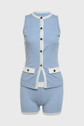 Sleeveless Button Vest & Shorts Set – Women's Contrast Trim Two-Piece