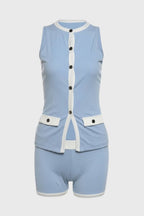 Sleeveless Button Vest & Shorts Set – Women's Contrast Trim Two-Piece