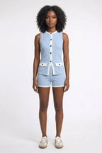 Sleeveless Button Vest & Shorts Set – Women's Contrast Trim Two-Piece