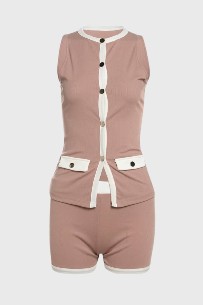 Sleeveless Button Vest & Shorts Set – Women's Contrast Trim Two-Piece