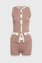 Sleeveless Button Vest & Shorts Set – Women's Contrast Trim Two-Piece