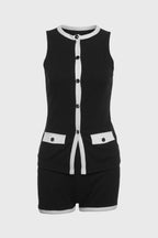 Sleeveless Button Vest & Shorts Set – Women's Contrast Trim Two-Piece