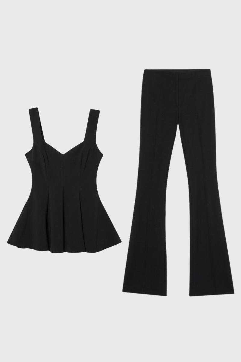 Pleated V-Neck Top & Flared Trousers Set – Women's Elegant Co-ord