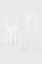 Pleated V-Neck Top & Flared Trousers Set – Women's Elegant Co-ord