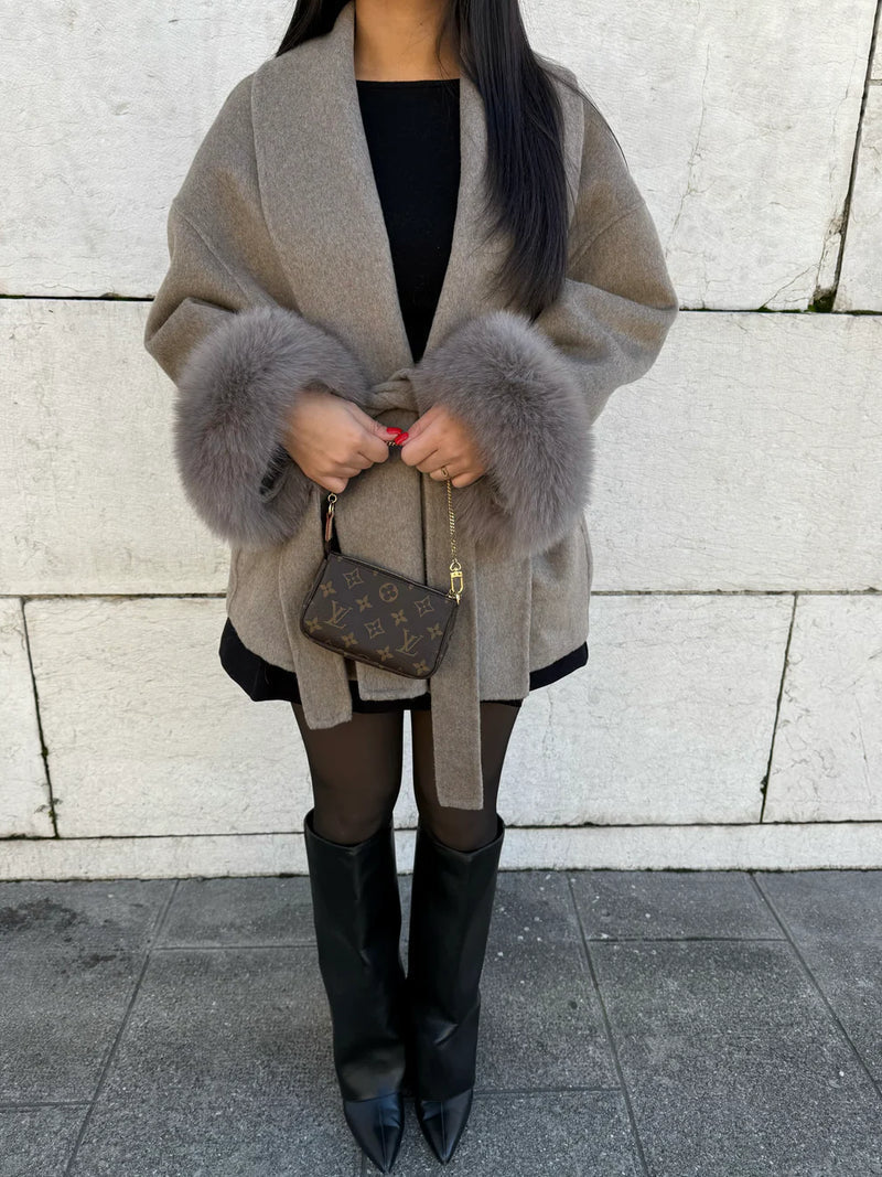 Women's Belted wool-blend Wrap Coat with faux fur-Trimmed Cuffs