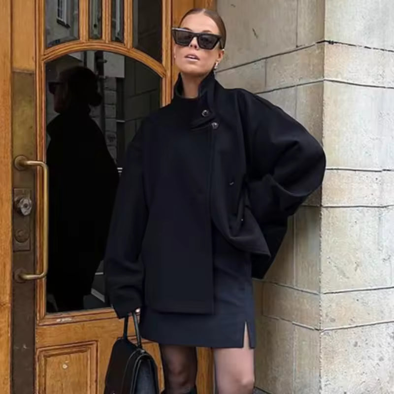 Peacoat Winter Jacket with High Collar – Short Minimalist Coat