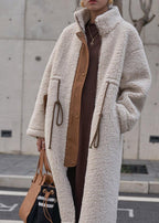 Women's Teddy Long Winter Coat – High-Neck Drawstring Relaxed Style